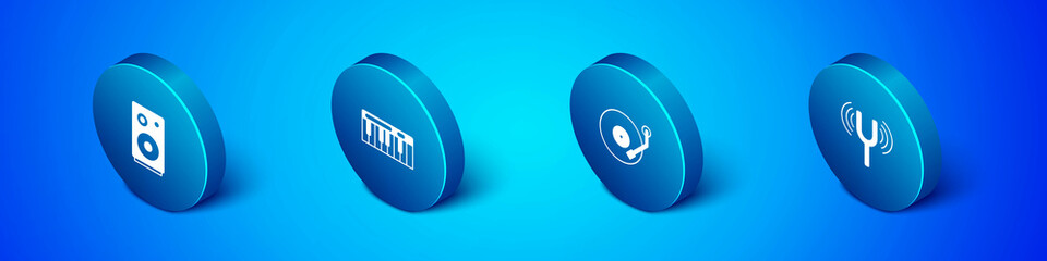 Set Isometric Stereo speaker, Vinyl player, Musical tuning fork and synthesizer icon. Vector