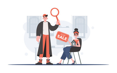 Guy and girl realtors. Real estate purchase concept. Good for websites, apps and presentations. trendy style. Vector illustration.