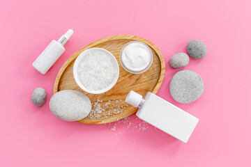 Naklejka premium White packaging for cosmetic products, flatlay. Makeup white cosmetic