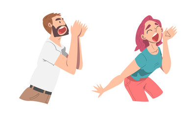 Man and Woman Character Holding Hand Near Mouth Shouting or Screaming Loud Vector Set