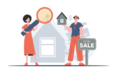 Guy and girl realtors. Real estate purchase concept. Good for posters, banners and presentations. Flat style. Vector.