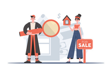 Guy and girl realtors. Real estate purchase concept. Good for posters, banners and presentations. trendy style. Vector illustration.