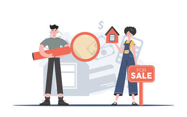 Guy and girl realtors. Real estate purchase concept. Good for posters, banners and presentations. Trendy flat style. Vector.