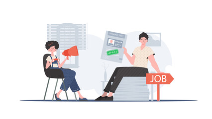 Recruitment process concept. Business people select staff. Resume of candidates with avatars. HR agency, two specialists. Male boss and female employee. Hiring people. Trendy style vector illustration