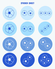 Set of blue spring flower stickers. Cute flower hand draw bullet journal stickers, planner, scrapbook stickers design.