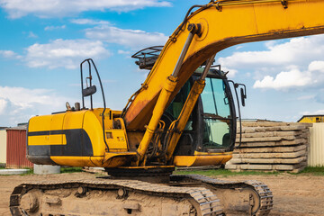 Excavator close-up. Details of a heavy mining excavator. Elements of heavy construction equipment for earthworks.