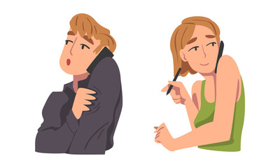 Man and Woman Character Speaking by Phone Having Dialogue via Mobile Gadget Vector Set