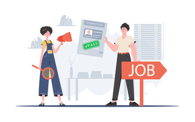 HR team. Girl with a mouthpiece. A man with a job test passed. Job search concept. Trend style, vector illustration.