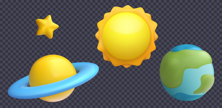 Set of 3d realistic cartoon space nature elements isolated on transparent background. Star, planet, sun, earth. Collection glossy cute children objects in minimal style. Modern vector illustration.