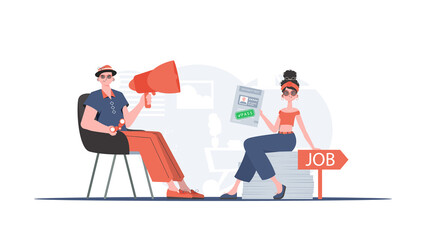 Man with a mouthpiece. A girl with a job test passed. Job search and human resource concept. Trend style, vector illustration.