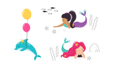 Obraz na płótnie Canvas Cute Mermaid with Fish Tail and Wavy Hair with Dolphin Floating Underwater Vector Illustration Set
