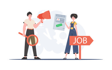 HR team. Man with a mouthpiece. A girl with a job test passed. The concept of finding employees, vector illustration.