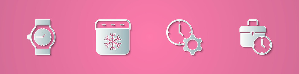 Set paper cut Wrist watch, Calendar winter, Time management and Work time icon. Paper art style. Vector