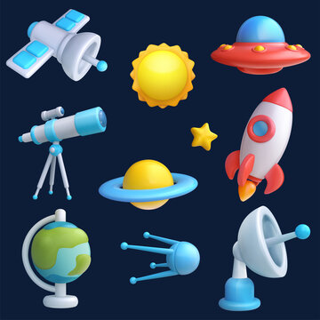 Set of 3d realistic cartoon space elements. Rocket, ufo, satellite, star, planet, sun, globe, radar, telescope. Collection glossy cute children objects in minimal style. Vector illustration.