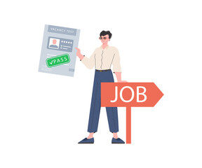 The guy holds in his hands the passed test for a vacancy. Job search and human resource concept. Vector illustration in a flat style.