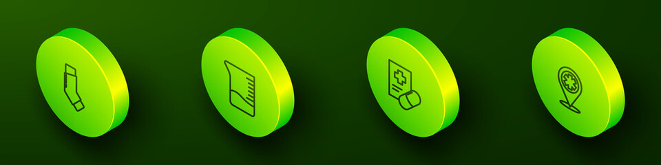 Set Isometric line Inhaler, Measuring cup, Medical prescription and Map pointer with cross hospital icon. Vector