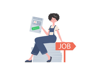 The girl holds in her hands the passed test for a vacancy. Job search concept. Isolated on white background. Trend style, vector illustration.