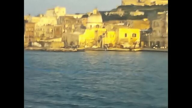 view of the island of procida from the sea from the 1960s