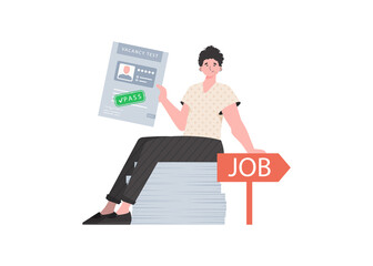 The guy holds in his hands the passed test for a vacancy. Job search concept. Trend style, vector illustration.