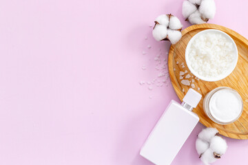 Blank empty white cosmetic tube and bottle, flatlay