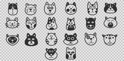 Set of cute cats head in funny doodle style isolated on transparent background. Collection hand drawn character animal. Cartoon vector illustration.