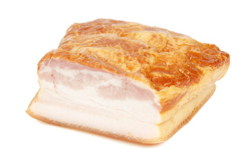 A piece of smoked bacon on a white background, a pork delicacy.