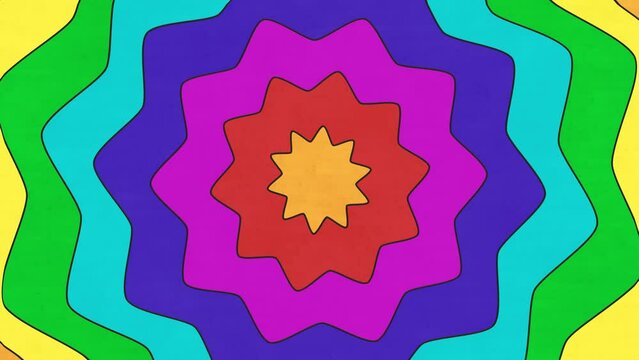 Looping frame by frame style animation of concentric star shapes with the colors of the rainbow