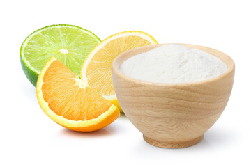 Baking soda or sodium bicarbonate powder and citrus fruits isolated on white background. Citric...