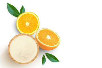Orange fruit powder in wooden bowl and fresh orange fruit slice isolated on white background. Top view. Flat lay.