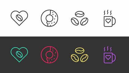 Set line Coffee Lovers, Donut with sweet glaze, beans and cup and heart on black and white. Vector