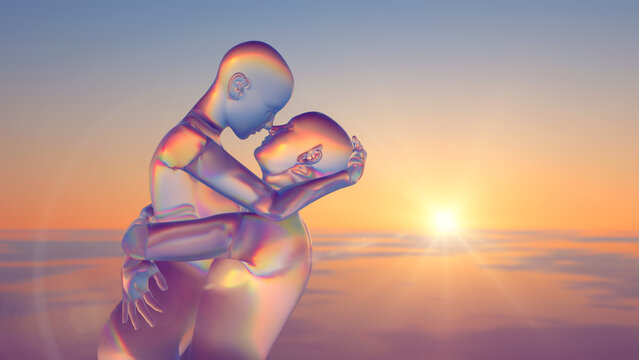 3d illustration of a meeting at dawn of a translucent couple
