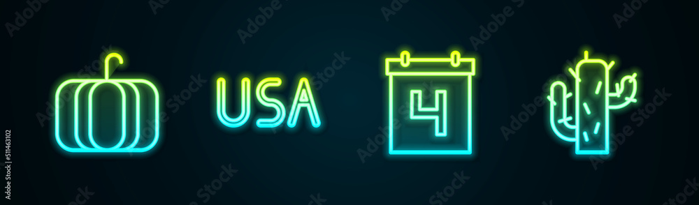 Sticker Set line Pumpkin, USA label, Calendar with date July 4 and Cactus. Glowing neon icon. Vector