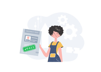 A woman holds in her hands a passed test for a vacancy. Job search concept. Trend style, vector illustration.