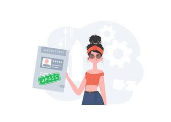 A woman holds in her hands a passed test for a vacancy. Job search concept. Vector illustration in a flat style.