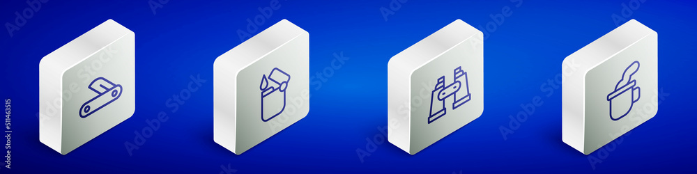 Poster set isometric line swiss army knife, lighter, binoculars and cup of tea icon. vector