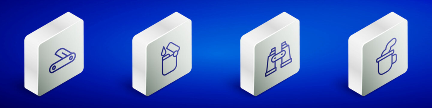 Set Isometric Line Swiss Army Knife, Lighter, Binoculars And Cup Of Tea Icon. Vector