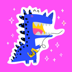 Cute cartoon dinosaur with dental floss. A picture with sparkles of stars. Illustration in flat style. Stickers, merch, promotional and praise sticker for brushing your teeth and visit to the dentist.