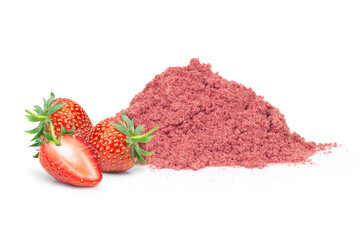 Strawberry protein powder and fresh strawberry fruit isolated on white background.