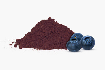 Blueberry powder and fresh blueberries fruit isolated on white background. 