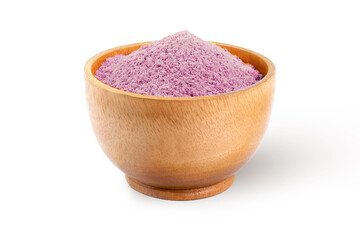 Sweet purple powder in wooden bowl isolated on white background. Clipping path.