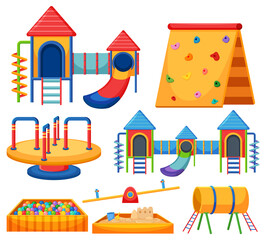 Set of children playground equipment on white background