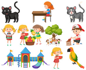 Set of different cute kids and objects