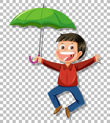 A boy holding umbrella laughing on grid background