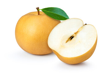 Snow pear or korean pear fruit and half sliced isolated on white background. 