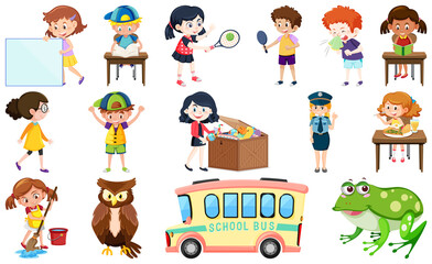 Set of different cute kids and objects