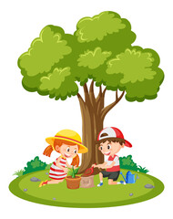 Obraz na płótnie Canvas Outdoor scene with children planting tree