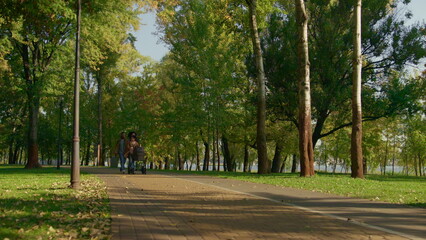 Obraz premium Idylic family walking park on warm autumn day. Older sister caring of newborn.