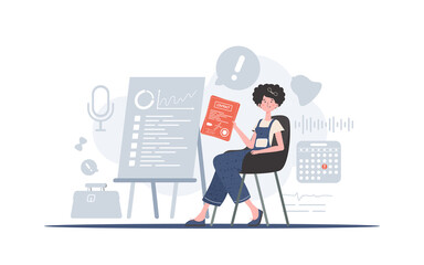 A woman sits in a chair and holds a contract in her hands. The concept of concluding contracts. Trend style, vector illustration.