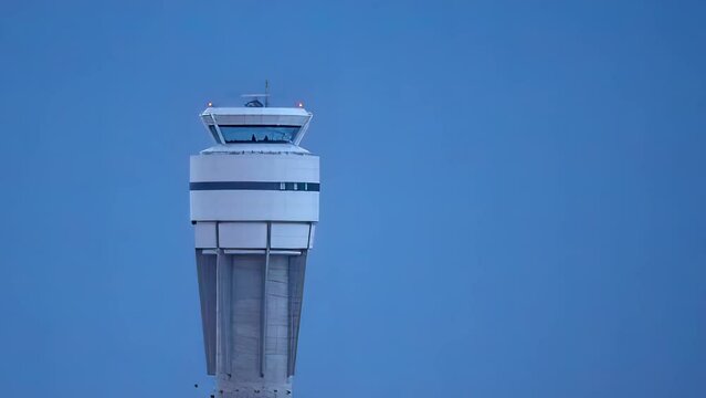 Air Traffic Control Tower At Airport At Night 