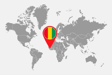 Naklejka premium Pin map with Guinea flag on world map. Vector illustration.